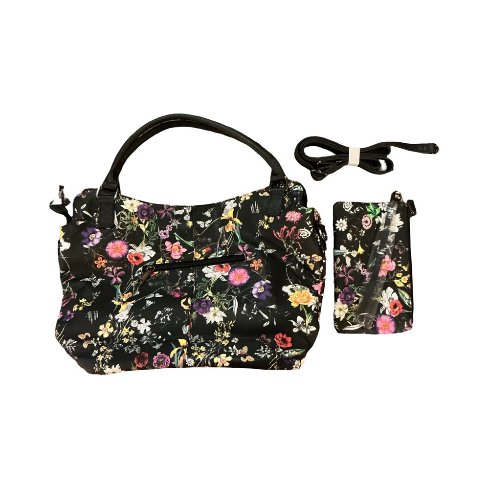 Realer Floral Butterfly Black Faux Leather Hobo Tote Shoulder Bag with Pouch - Picture 3 of 9
